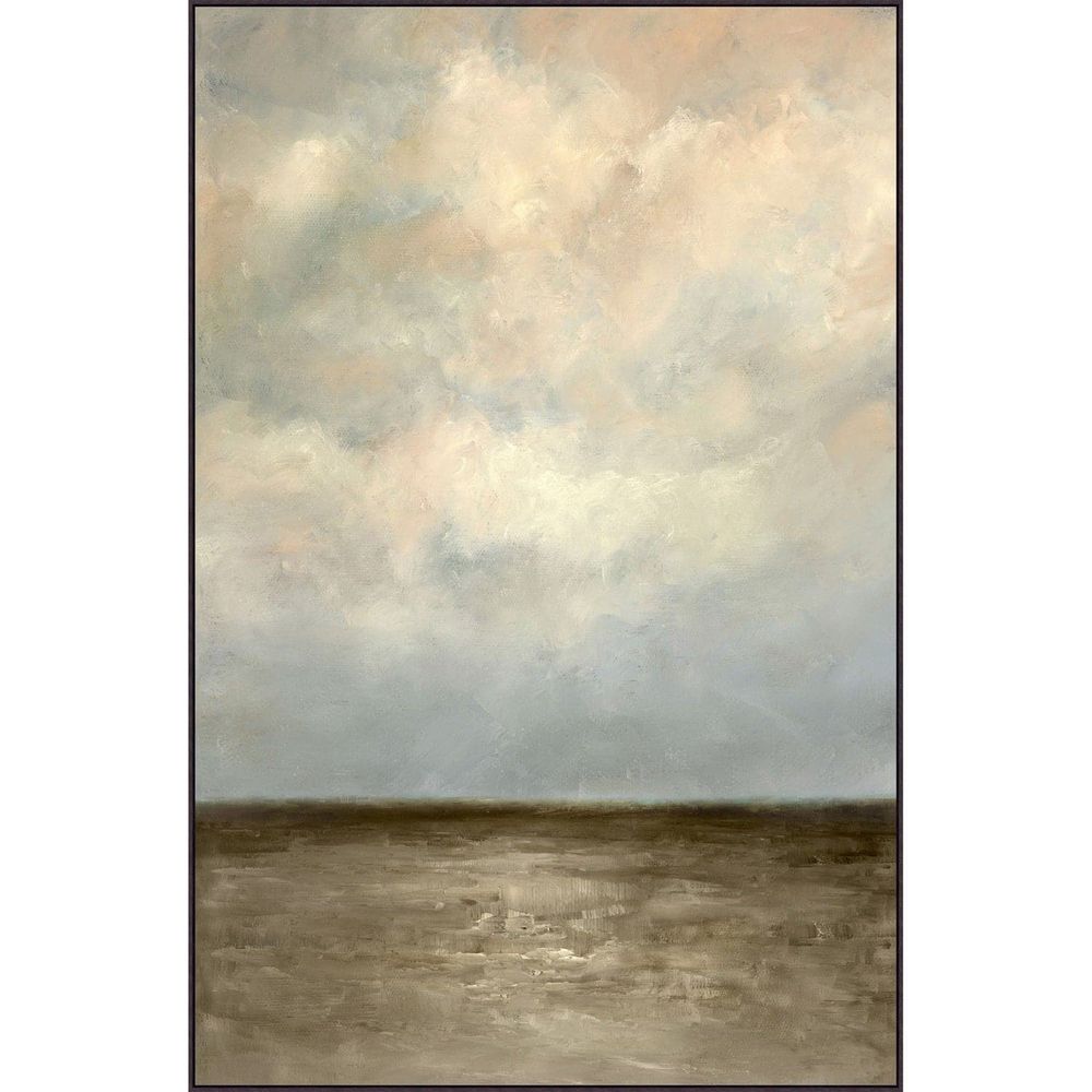 Daybreak, shown in warm beige and soft gray with canvas, wood frame, and a thin perimeter frame.