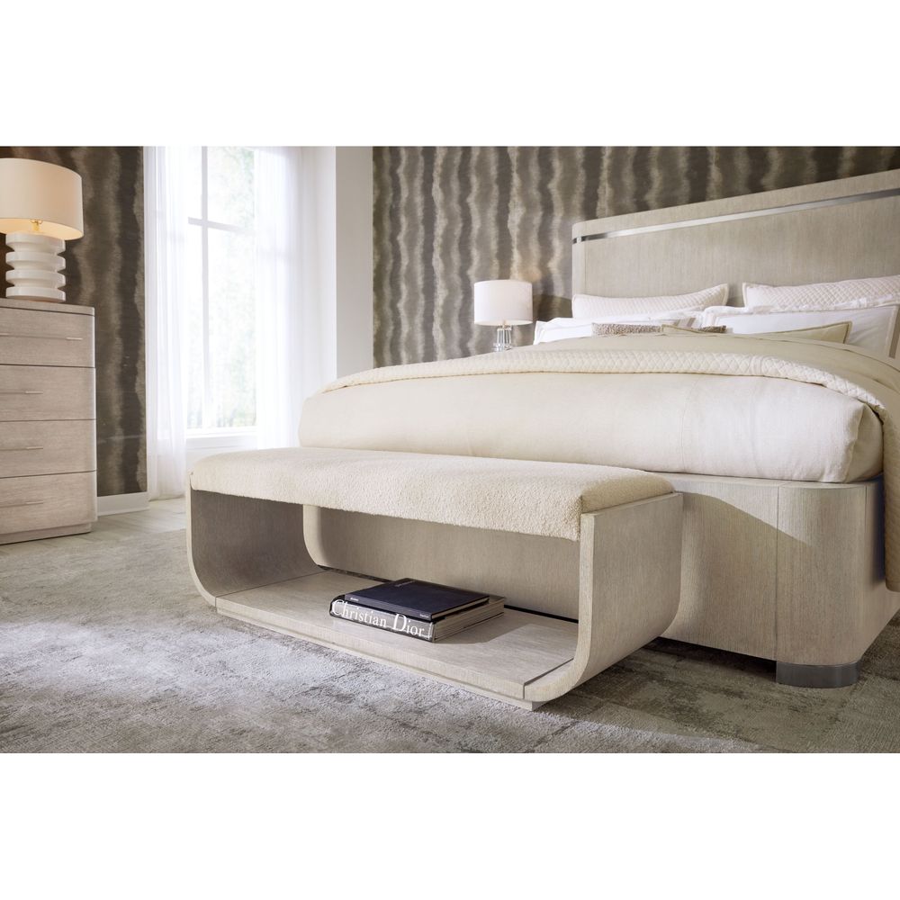 Alternate view of Modern Mood Bed Bench, featuring matte finish, wood, fabric, and integrated open lower shelf storage.