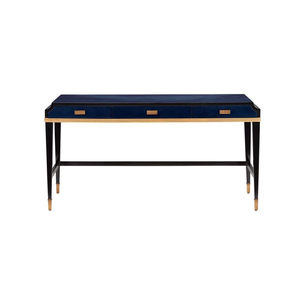 Additional view of Kallista Large Blue Desk, featuring high-gloss lacquer, wood veneer, brass, and three flush drawers.