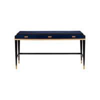 Additional view of Kallista Large Blue Desk, featuring high-gloss lacquer, wood veneer, brass, and three flush drawers.