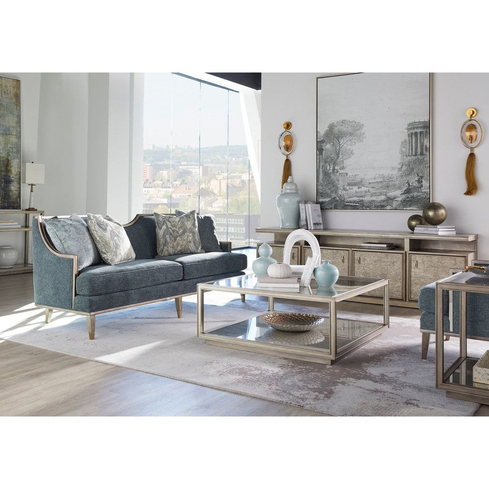 Alternate view of Harper Mica Sofa, featuring tapered leg ferrules, upholstery fabric, wood, and fixed wood-trimmed arms.