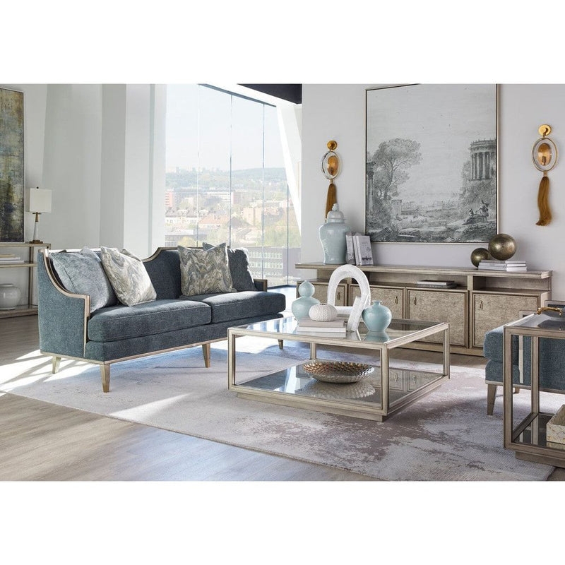 Alternate view of Harper Mica Sofa, featuring tapered leg ferrules, upholstery fabric, wood, and fixed wood-trimmed arms.
