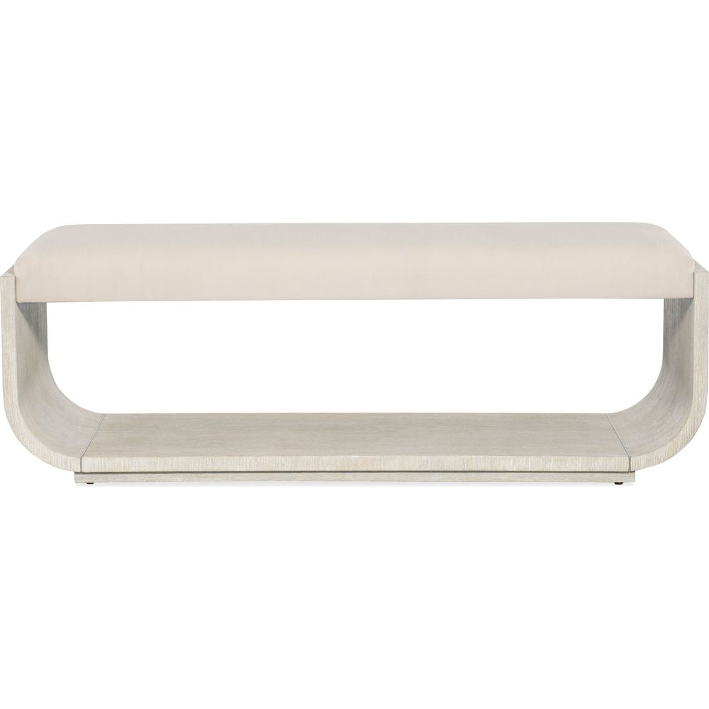 Modern Mood Bed Bench, shown in light beige and light gray-washed wood with wood and fabric.