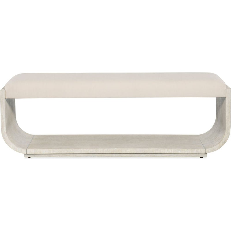 Modern Mood Bed Bench, shown in light beige and light gray-washed wood with wood and fabric.