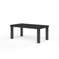 Monterey Outdoor Coffee Table, shown in black and dark charcoal with metal, aluminum, and a slatted open top surface.