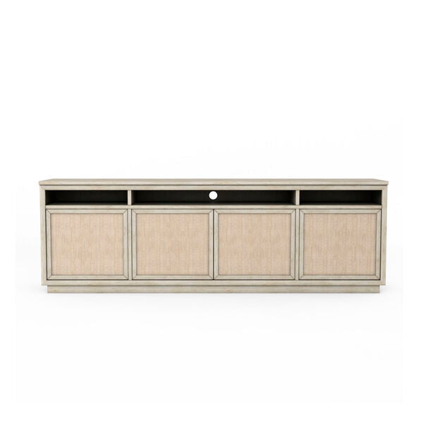 Cotiere Entertainment Console, shown in beige and light taupe with wood and textured fabric or grasscloth panels.