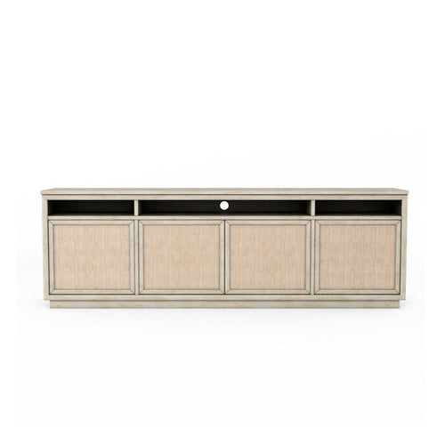 Cotiere Entertainment Console, shown in beige and light taupe with wood and textured fabric or grasscloth panels.